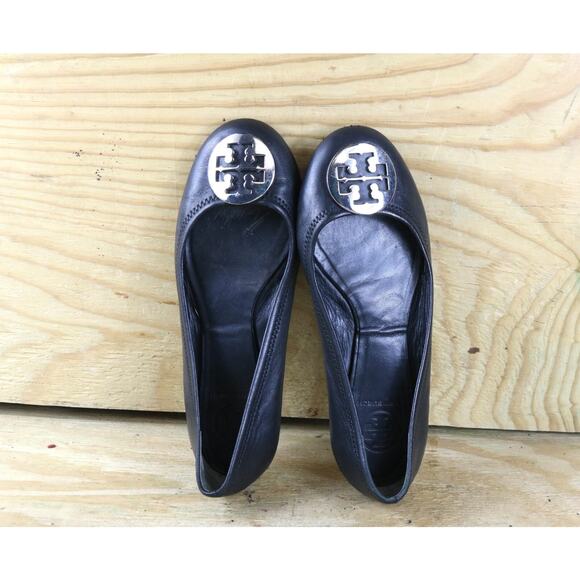 Tory Burch Shoes Women 8M Reva Black Leather Gold Color Logo Ballet Flats - Picture 4 of 9